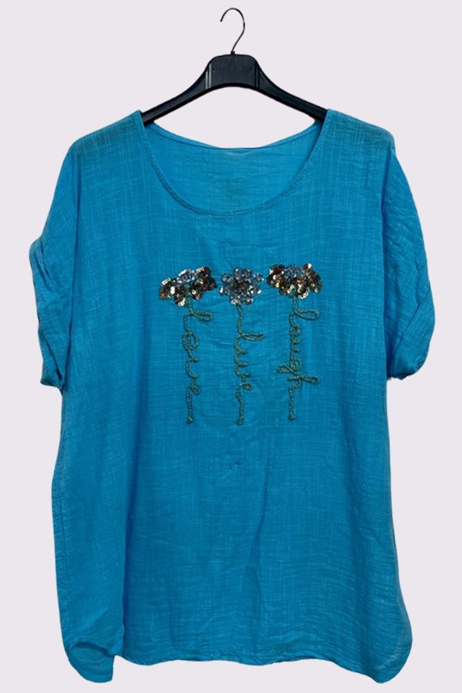 Sequin Embroidered Flower Pattern Curved Hem Cotton Top