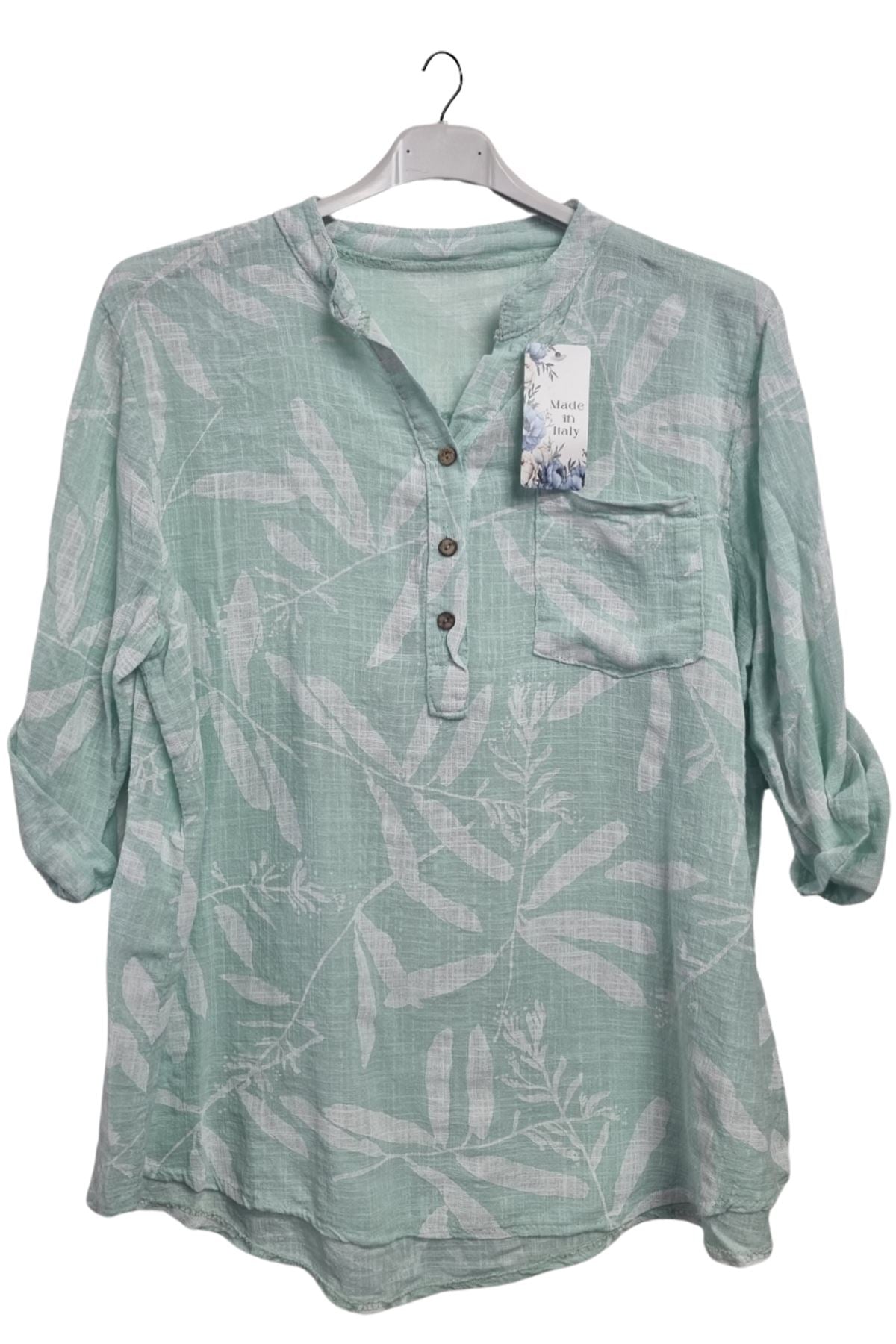 Leaf Print Chest Pocket Cotton Top