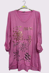 Flower Leopard Foil Print Dip Hem Cotton Top