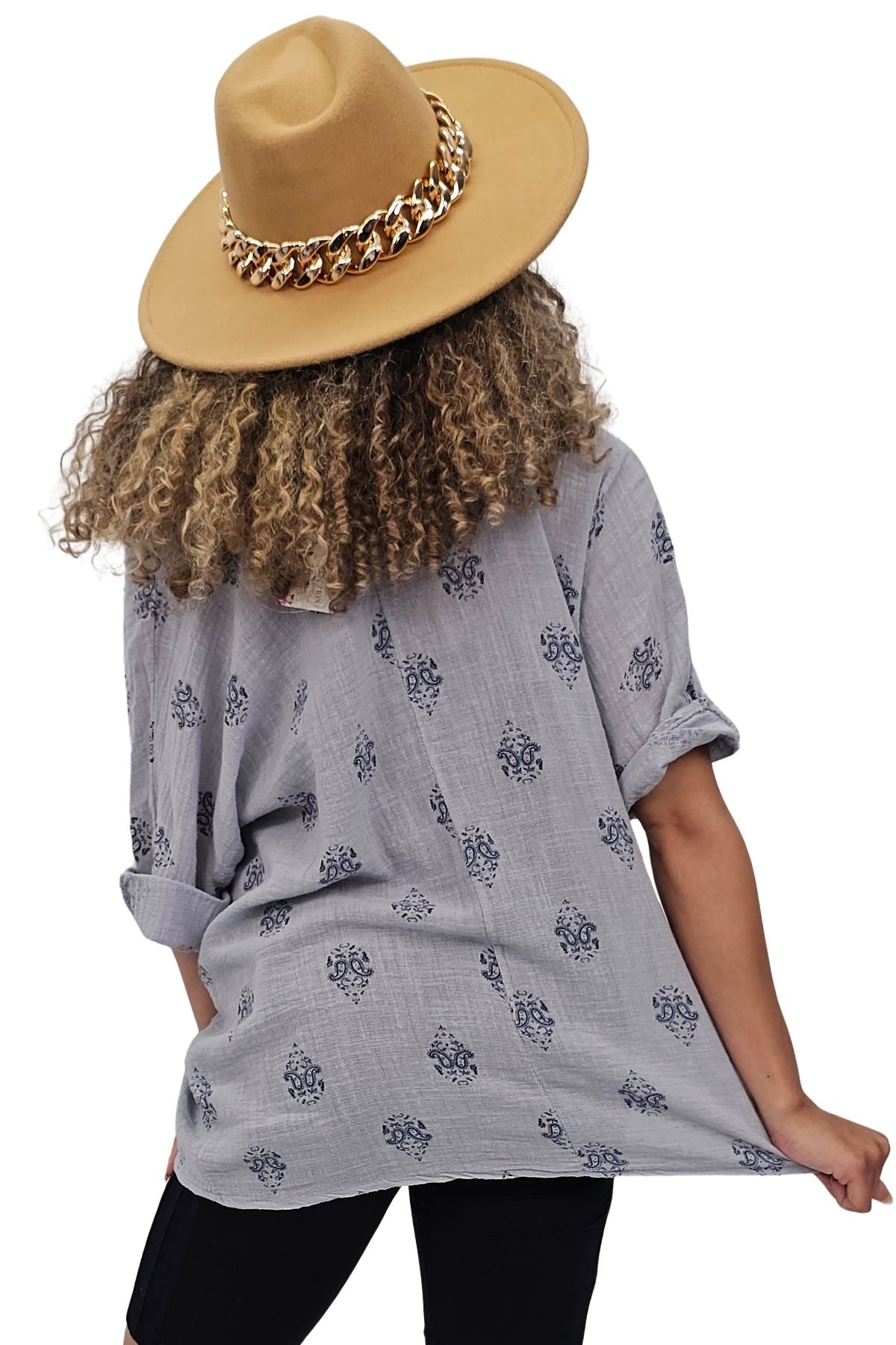 Block Print-Style Motifs Tunic Silhouette Cotton Top