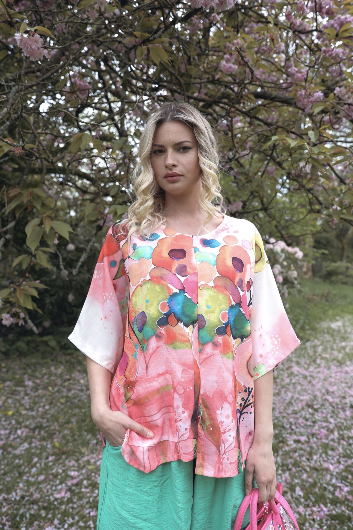 Abstract Watercolour-Style Print Asymmetrical Hemline Cotton Top