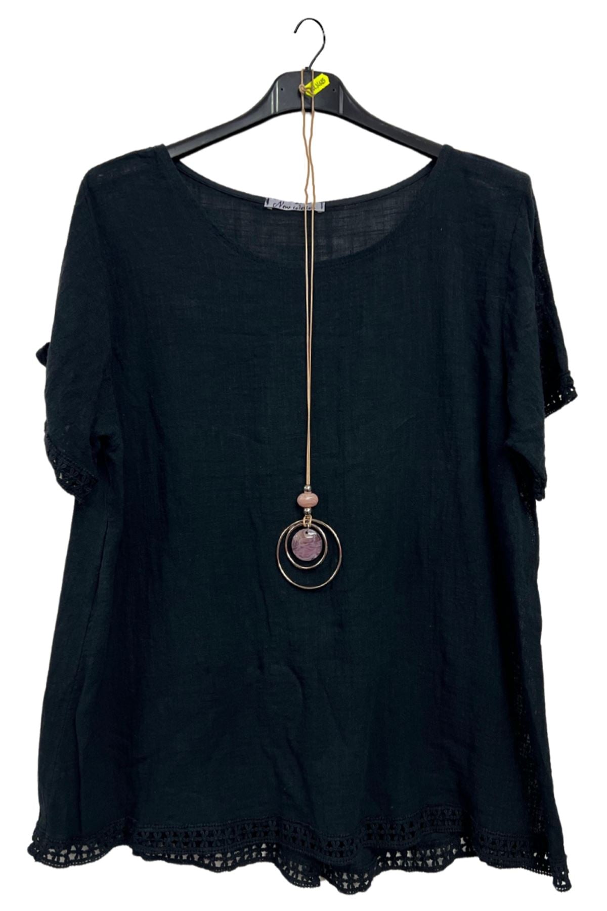 Plain Lace Hem Necklace Cotton Top