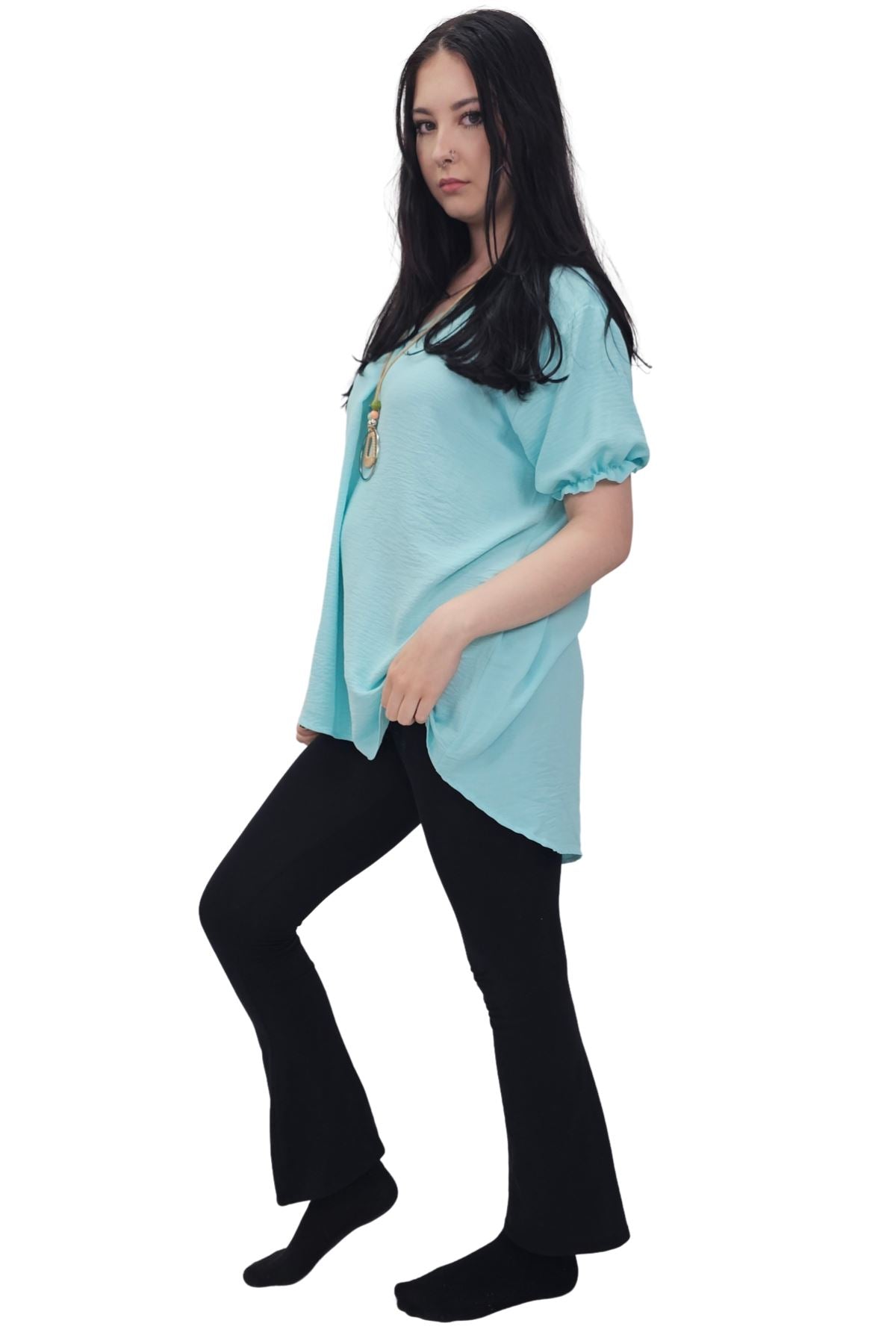 Plain Short Puff Sleeves Necklace Top