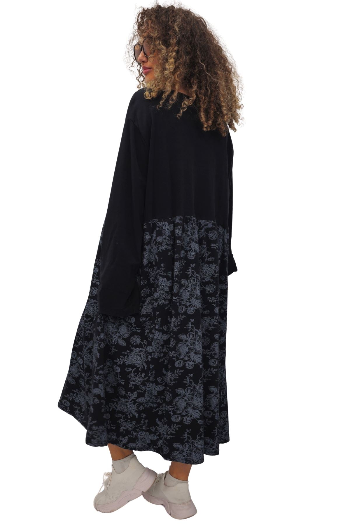 Two Tone Floral Print Baggy Long Style Cotton Dress