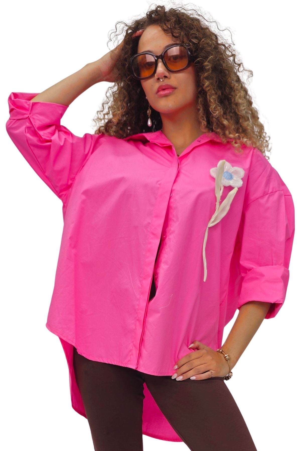 Flower Applique Pattern High Low Hem Shirt