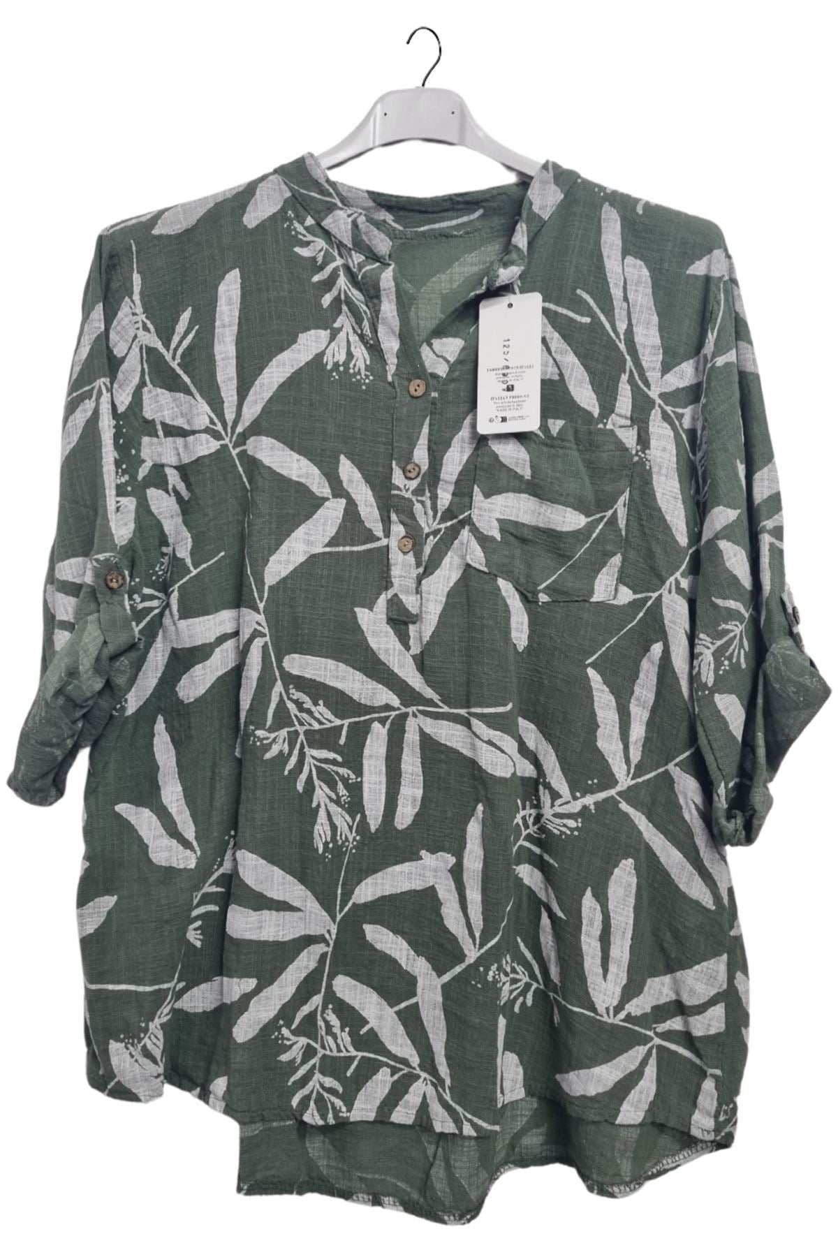 Leaf Print Chest Pocket Cotton Top