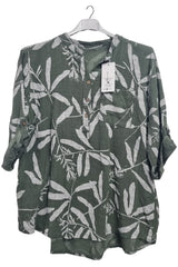 Leaf Print Chest Pocket Cotton Top