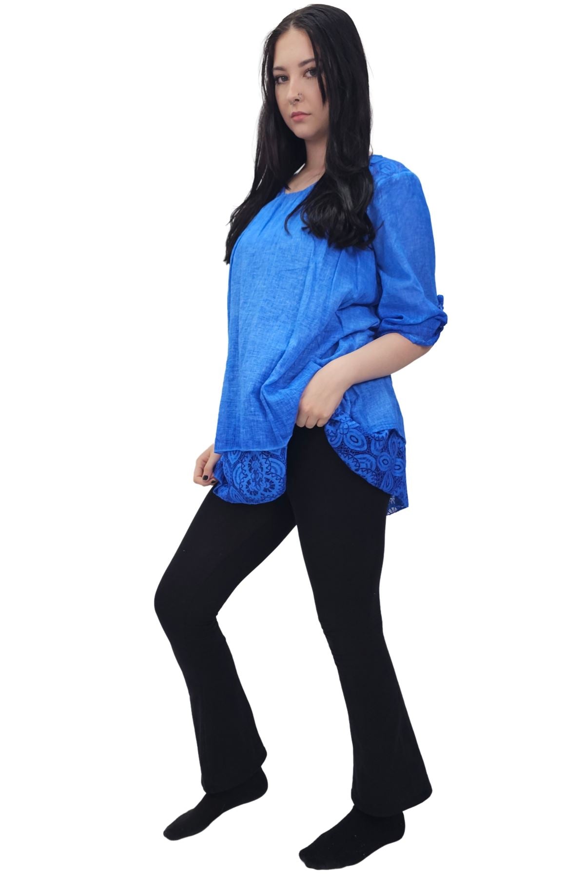 Floral Pattern Lace Detailing Layered Hem Cotton Top