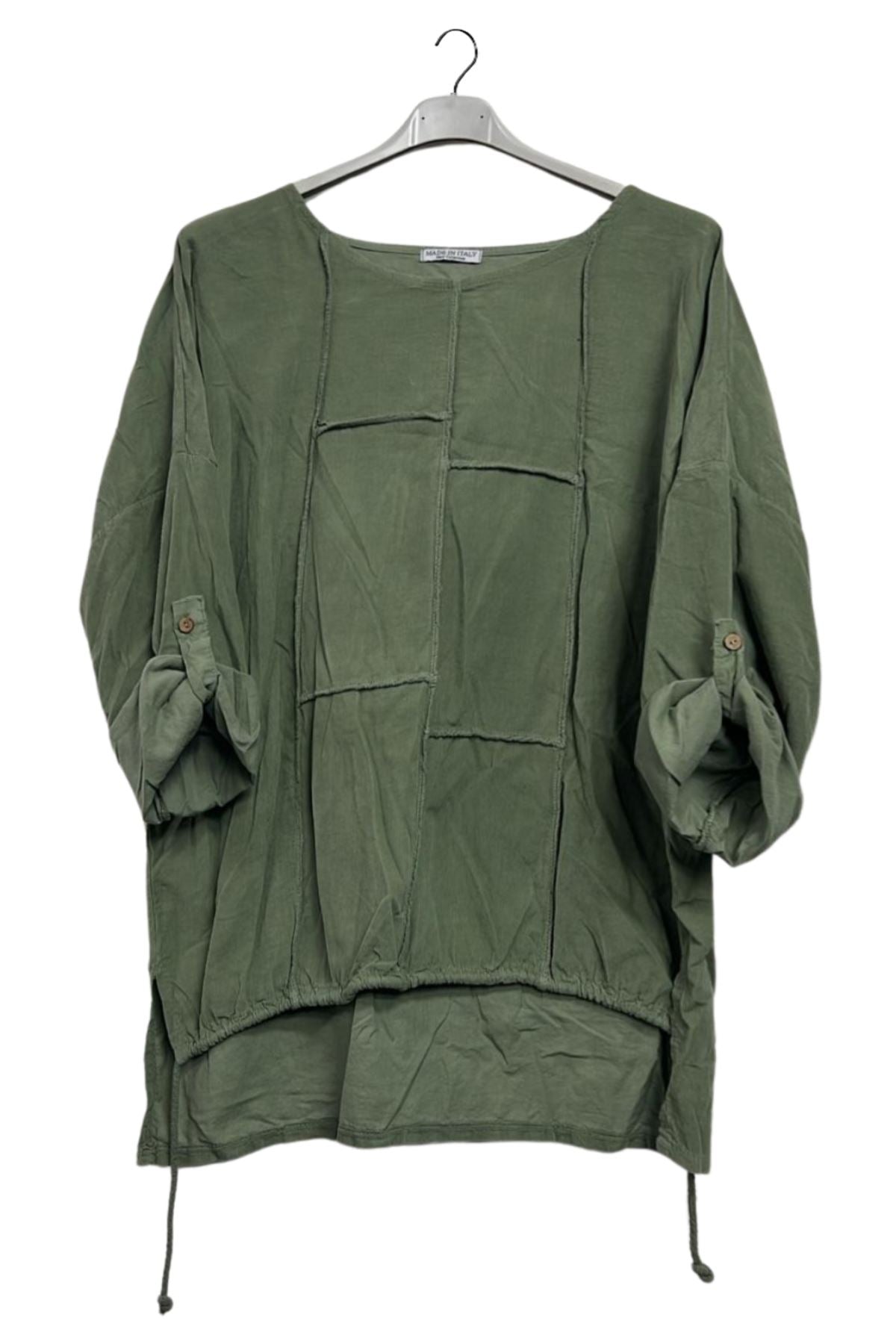 Plain Front Patch Detail High Low Drawstring Hem Cotton Top
