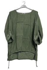 Plain Front Patch Detail High Low Drawstring Hem Cotton Top