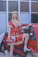 Leaves Print Lace Embroidered V Neck Dress