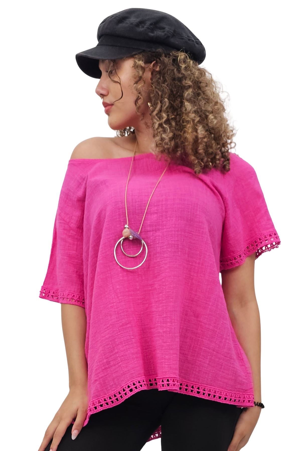 Plain Lace Hem Necklace Cotton Top