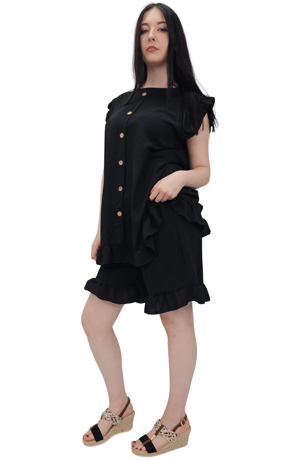 Plain Sleeveless Ruffle-Trimmed Co-Ord Set