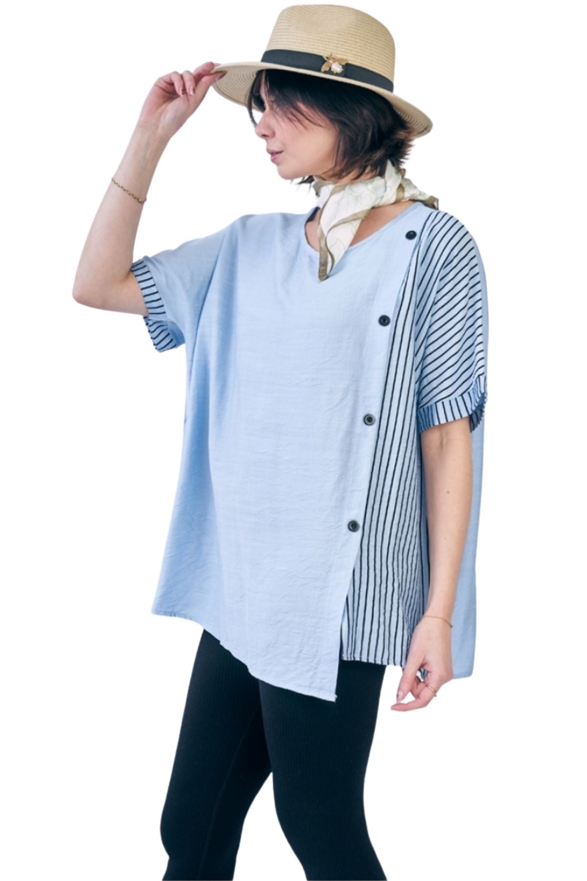 Stripe Print Side Button Detail Cotton Top