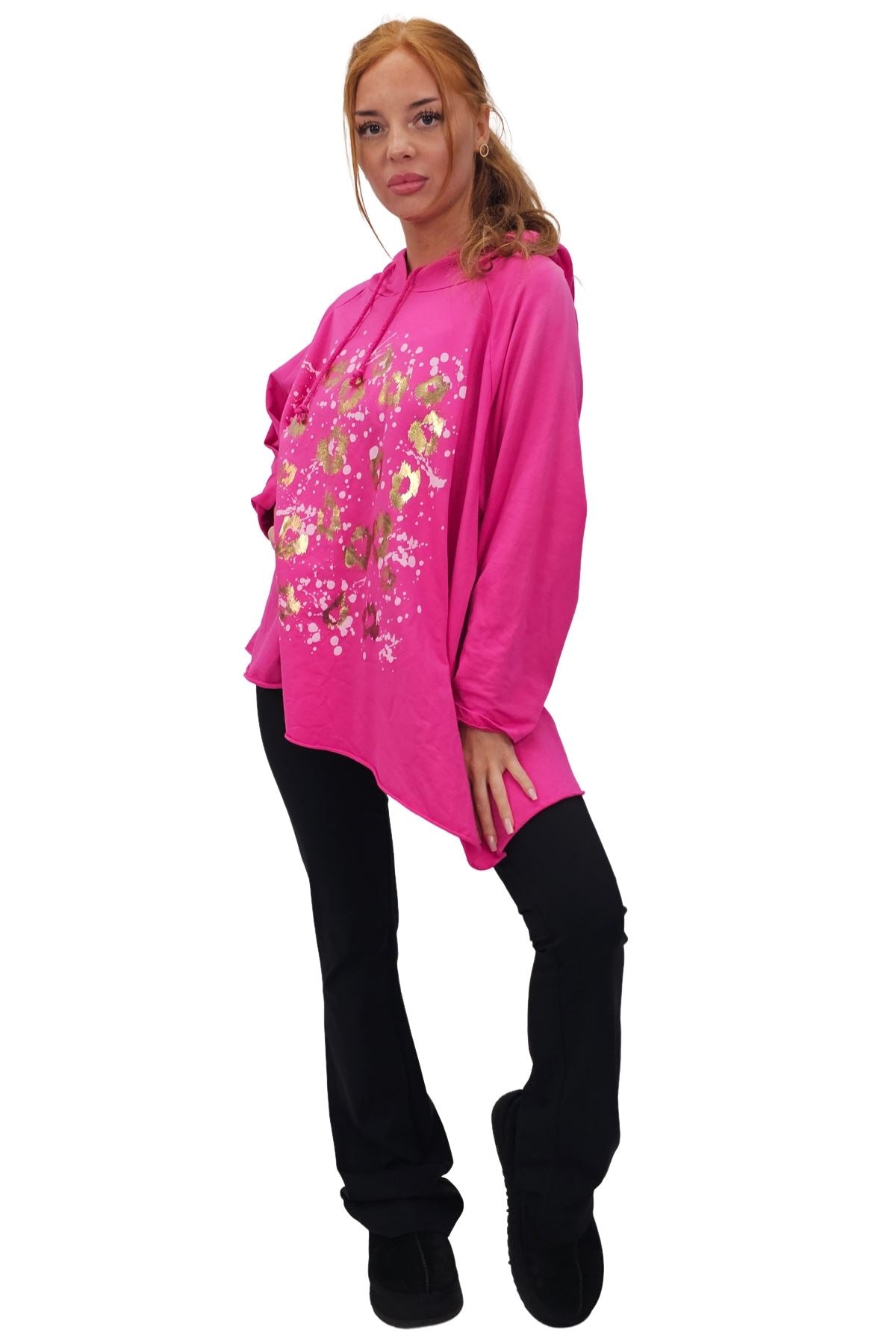 Leopard Foil Splash Print String Hoody High Low Hem Cotton Hoodie