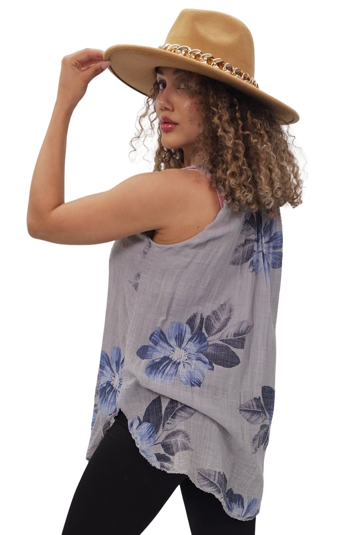 Petunia Flower Print Round Hem Cotton Top