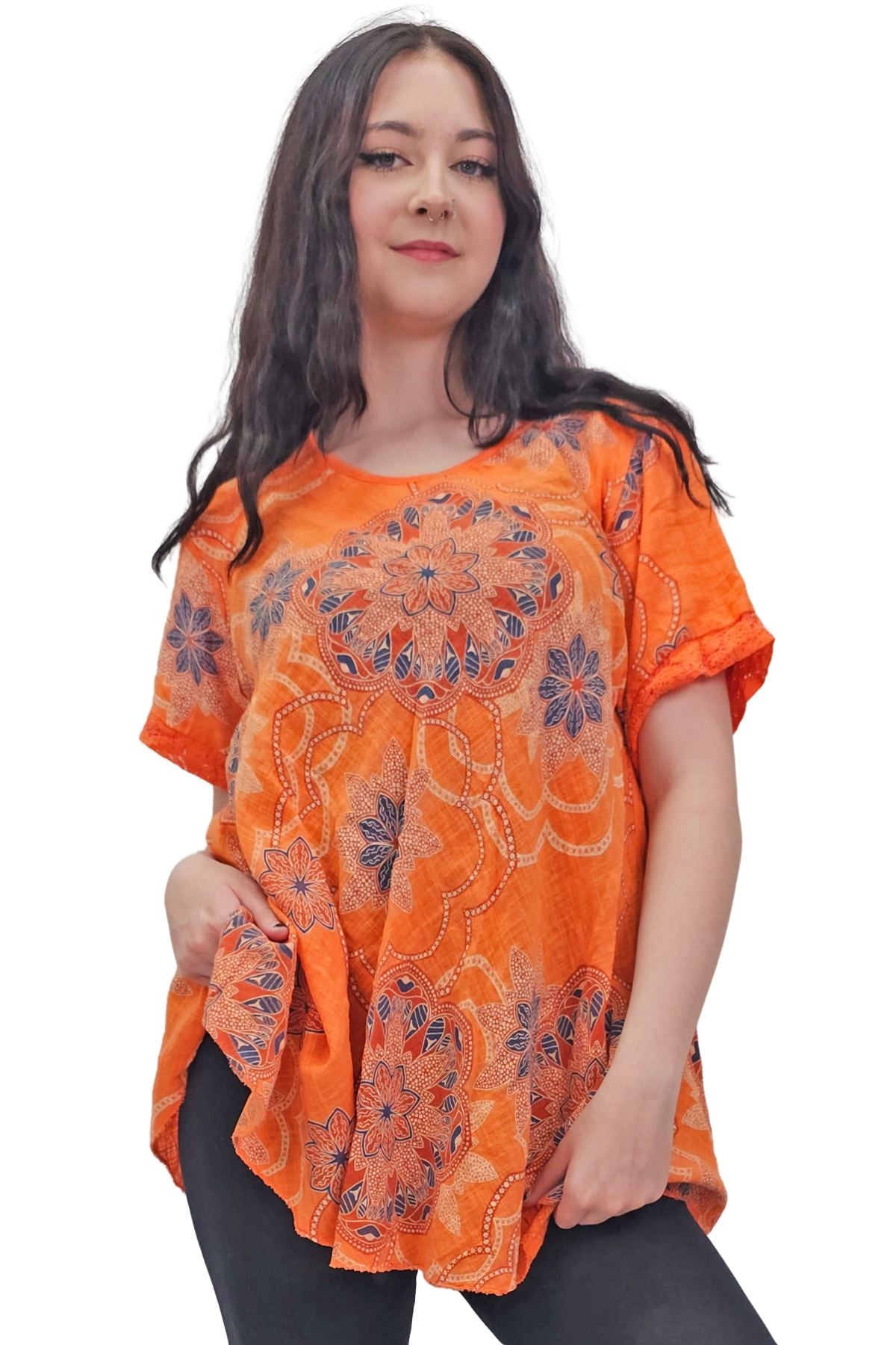 Intricate Floral Geometric Pattern Lace Detail Cotton Top
