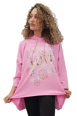 Love Flower Foil Print String Hoody High Low Hem Cotton Hoodie