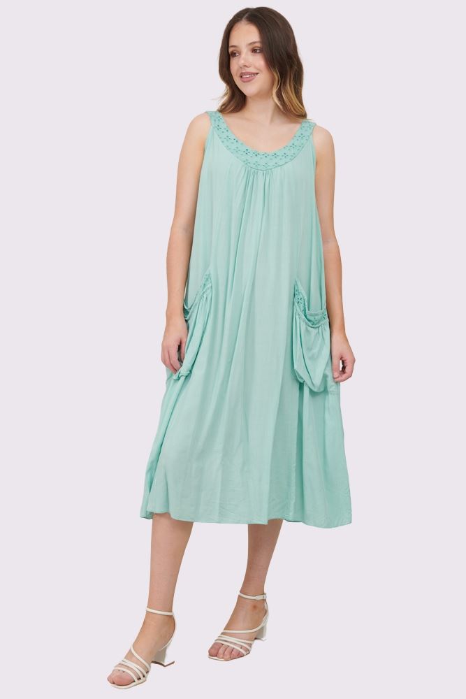 Plain Dress Featuring Floral Cutwork Neckline and Pockets
