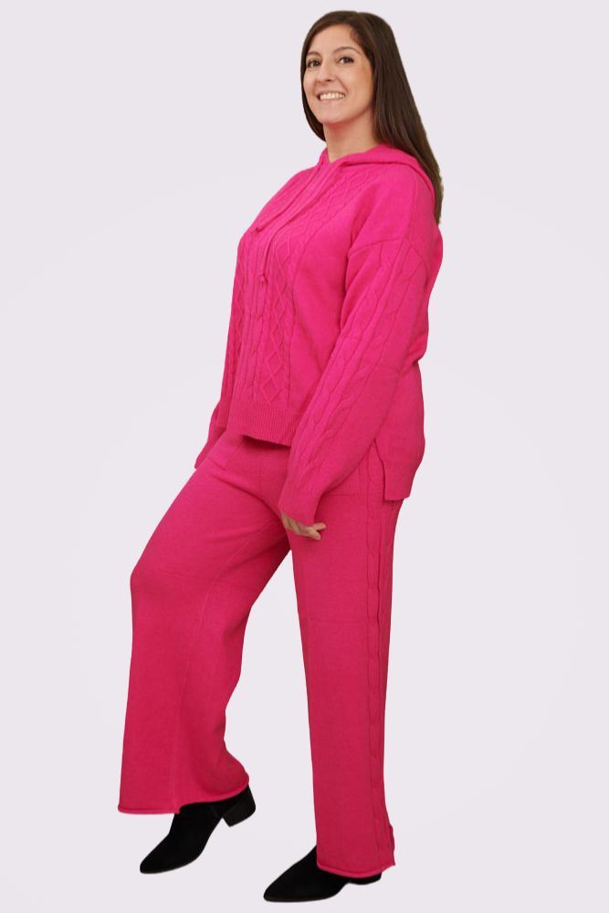 Cable Knit Pattern Hoodie Leg Knit Co-Ord
