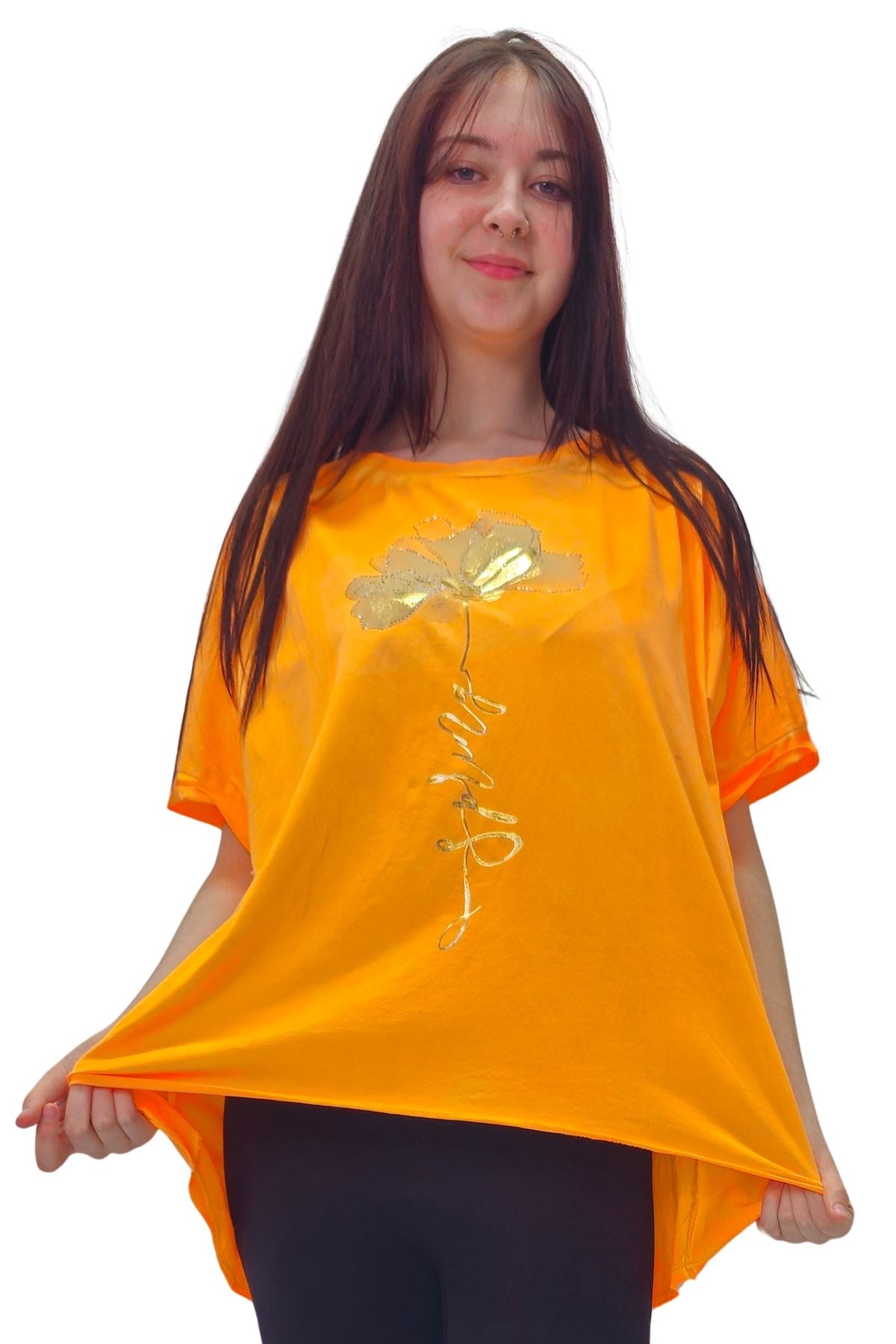 Gold Foil Spring Flower High Low Hem Cotton Top