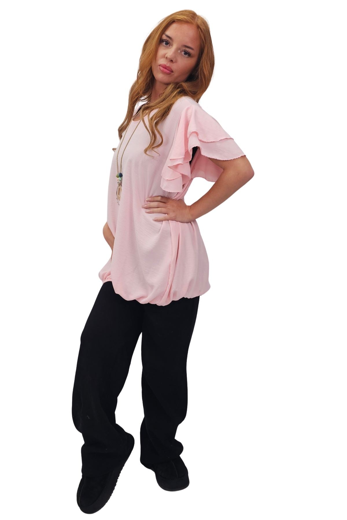 Plain Flutter Sleeves Elastic Hemline Top