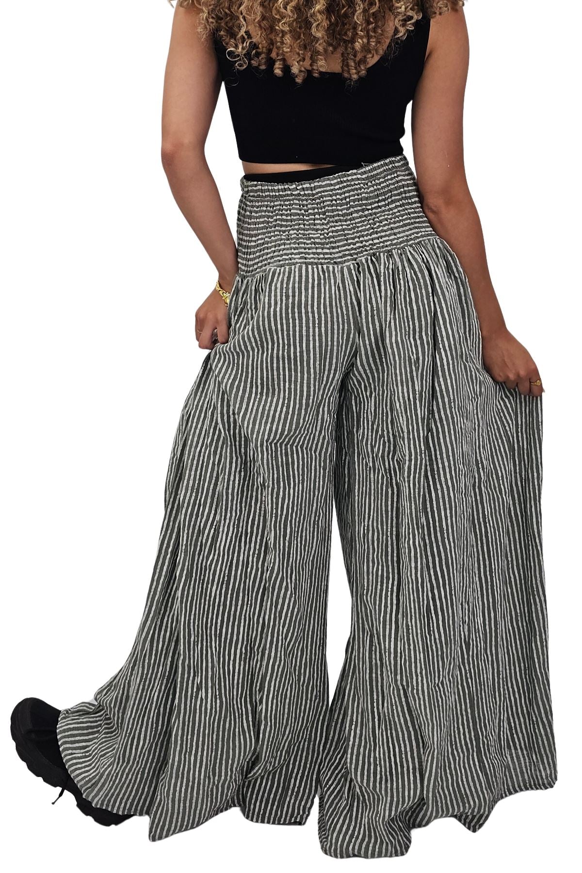 Vertical Stripes Print Smocked Waistband Wide Leg Cotton Palazzo