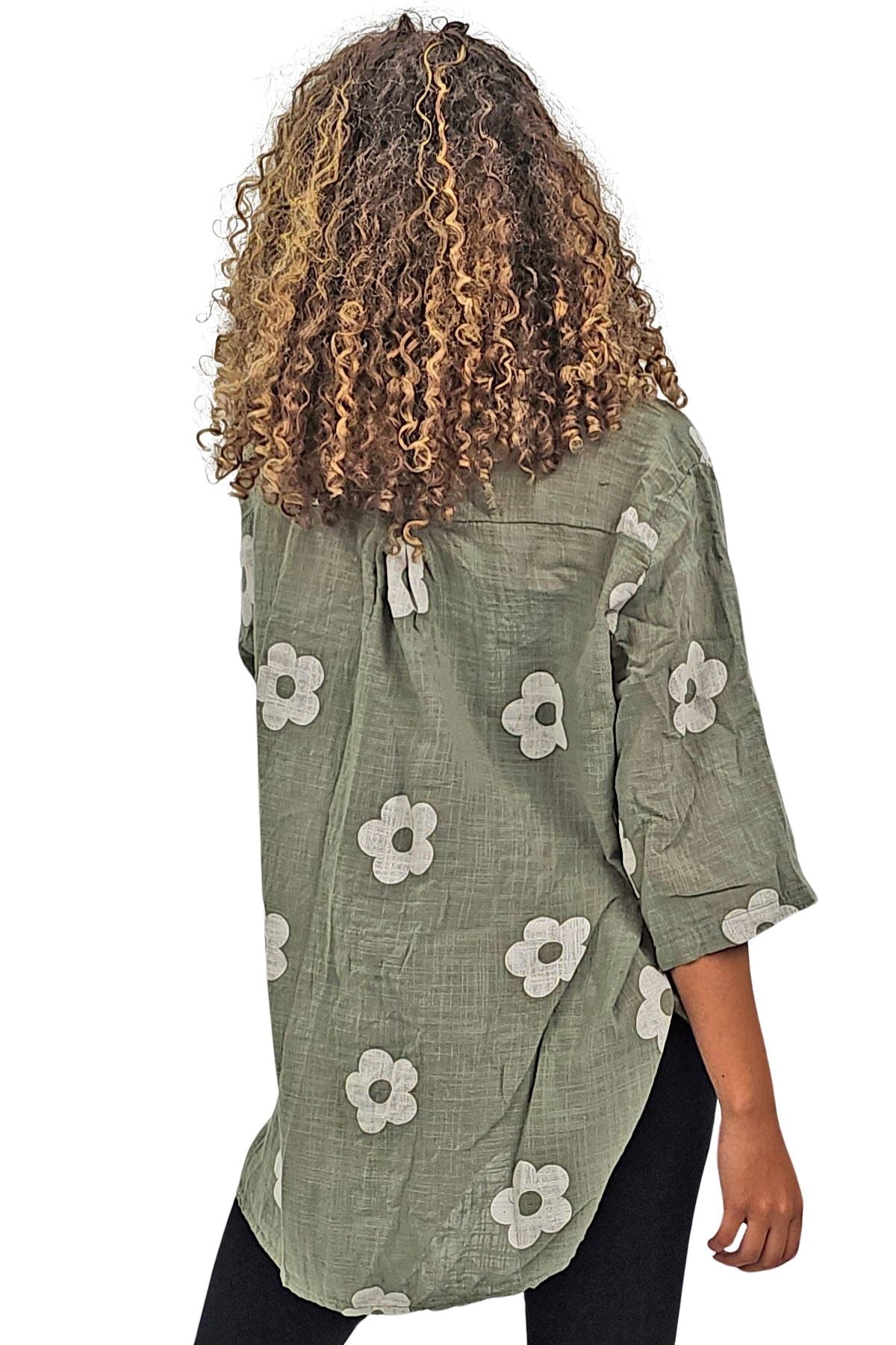 Floral Print Single Chest Pocket Cotton Top