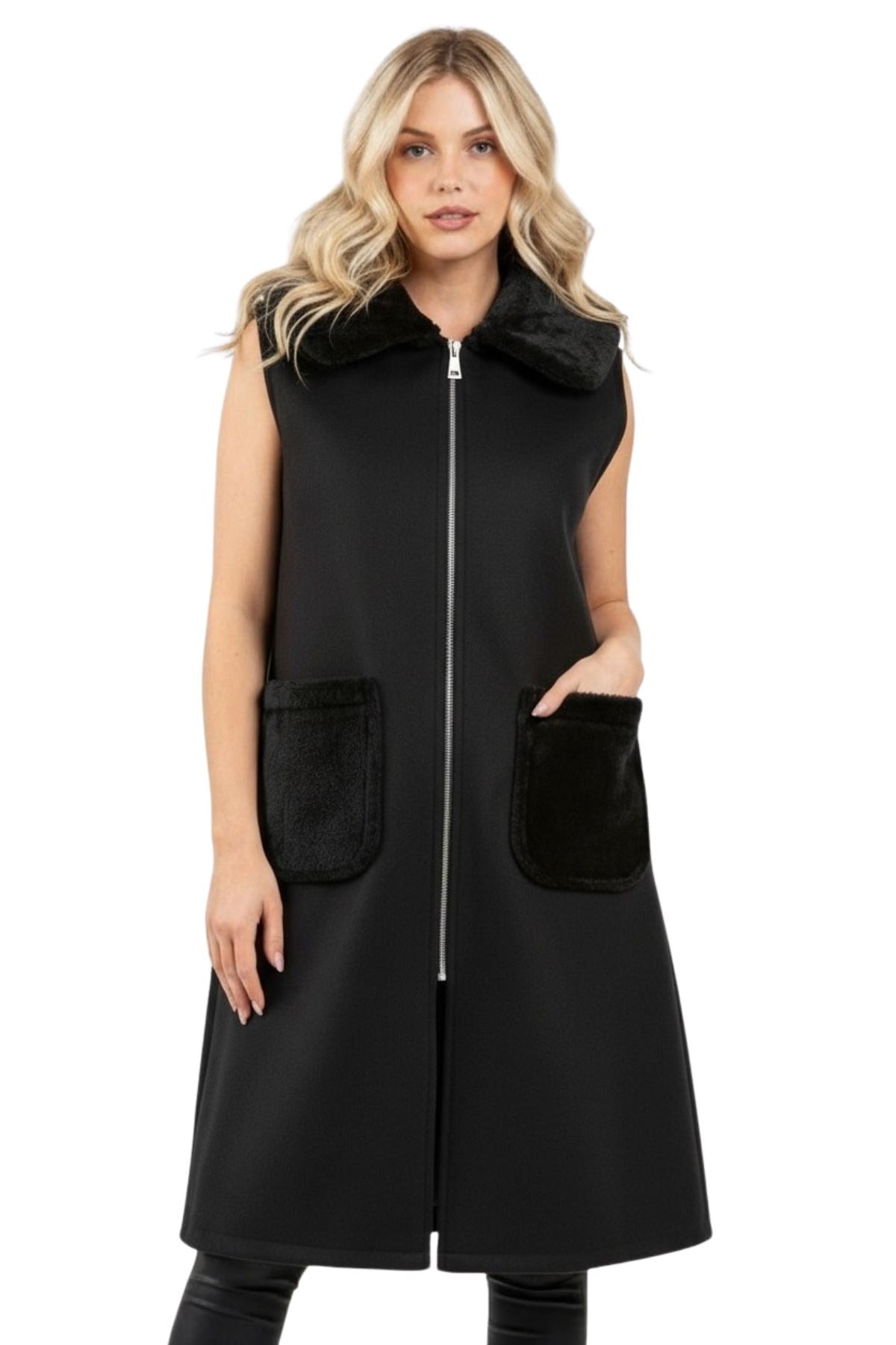 plain faux fur longline gilet
