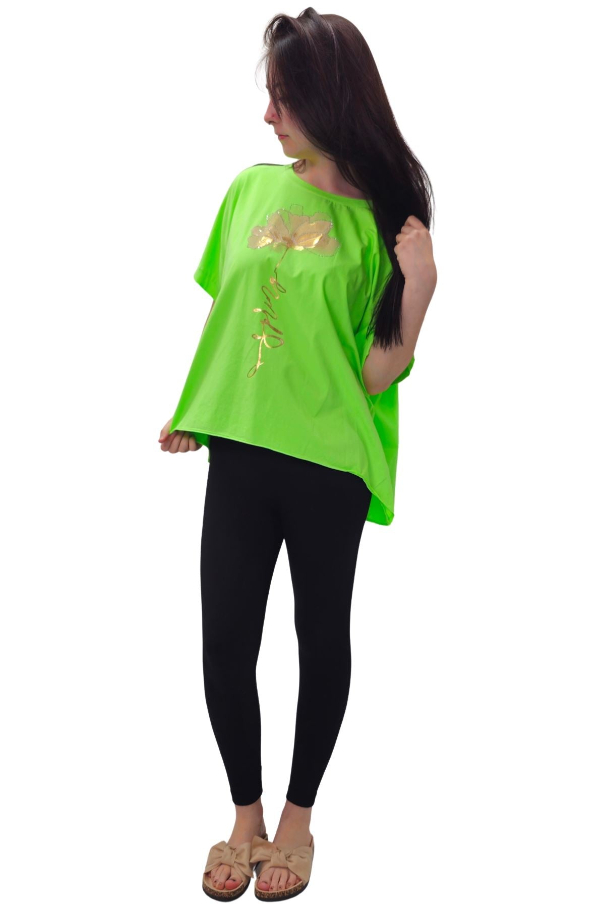 Gold Foil Spring Flower High Low Hem Cotton Top