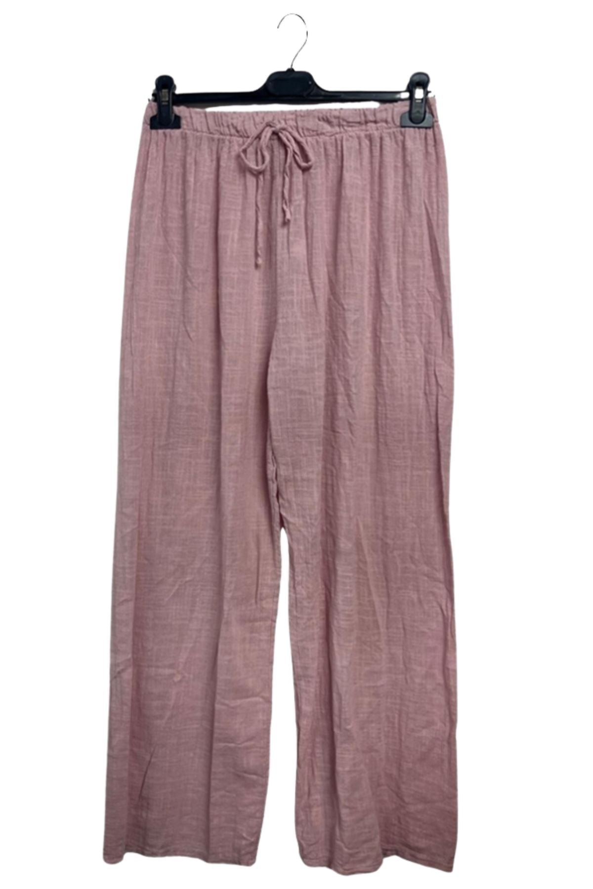 Plain Drawstring Wide Legs Cotton Trousers