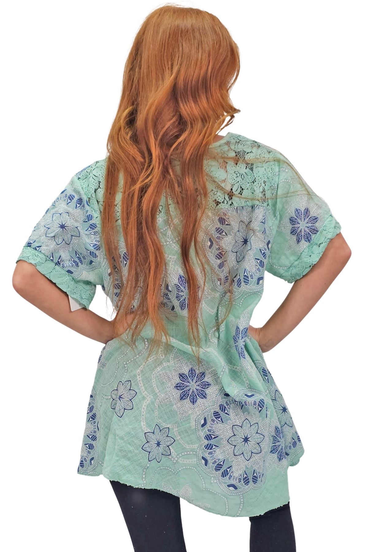 Intricate Floral Geometric Pattern Lace Detail Cotton Top