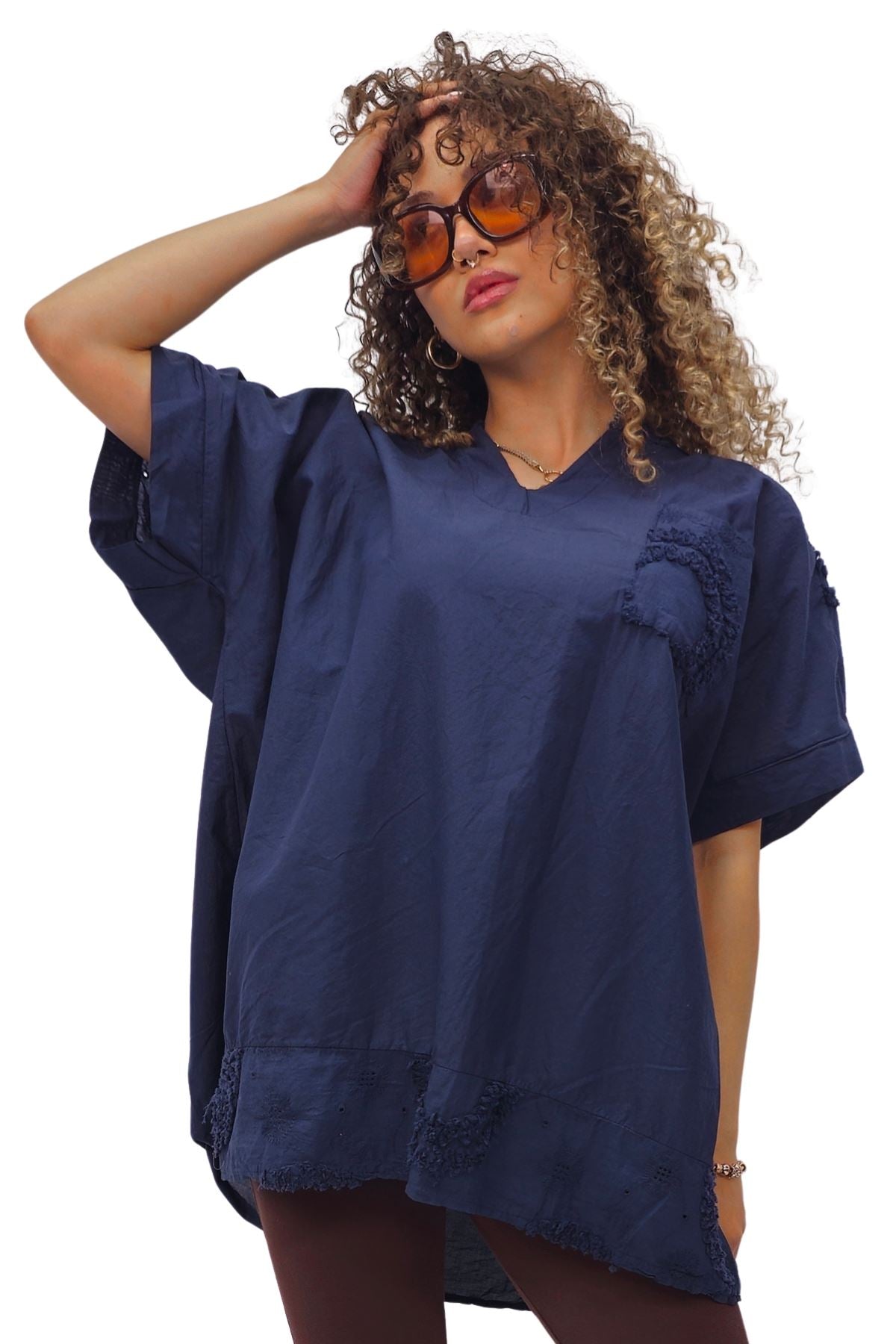 Plain Chest Pocket Lace Embroidered Detailing Cotton Top