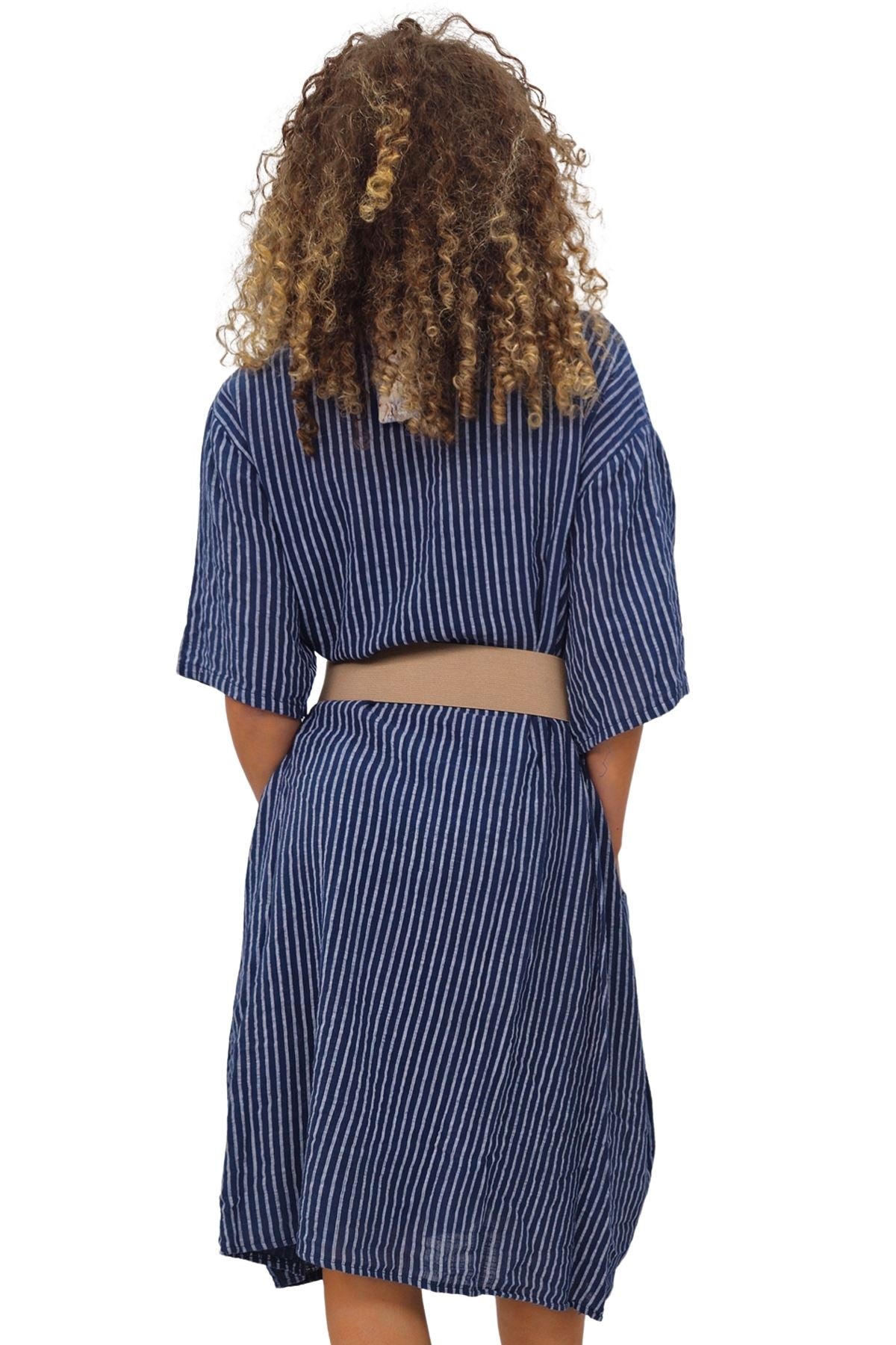 Vertical Stripes Print Two Side Pockets Cotton Dress