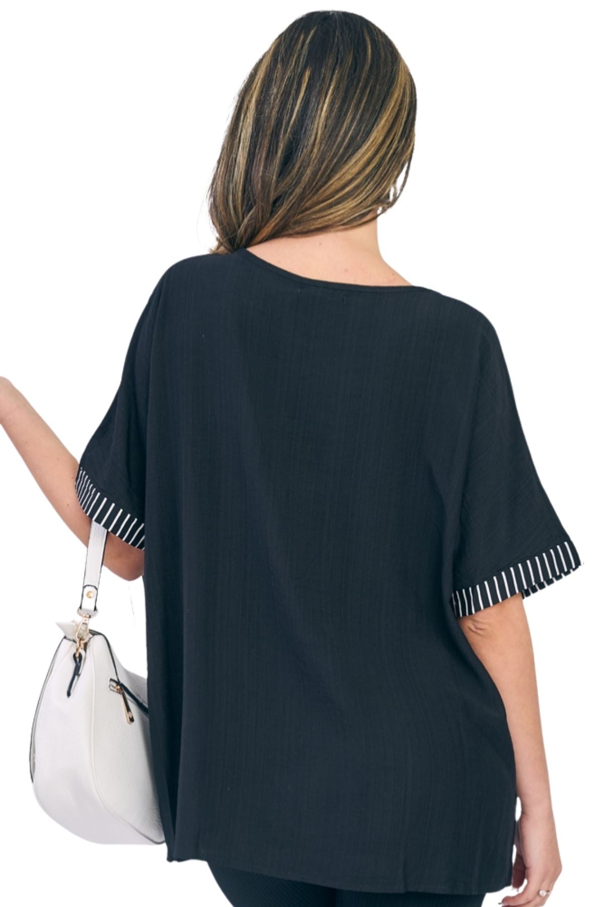 Stripe Print Side Button Detail Cotton Top