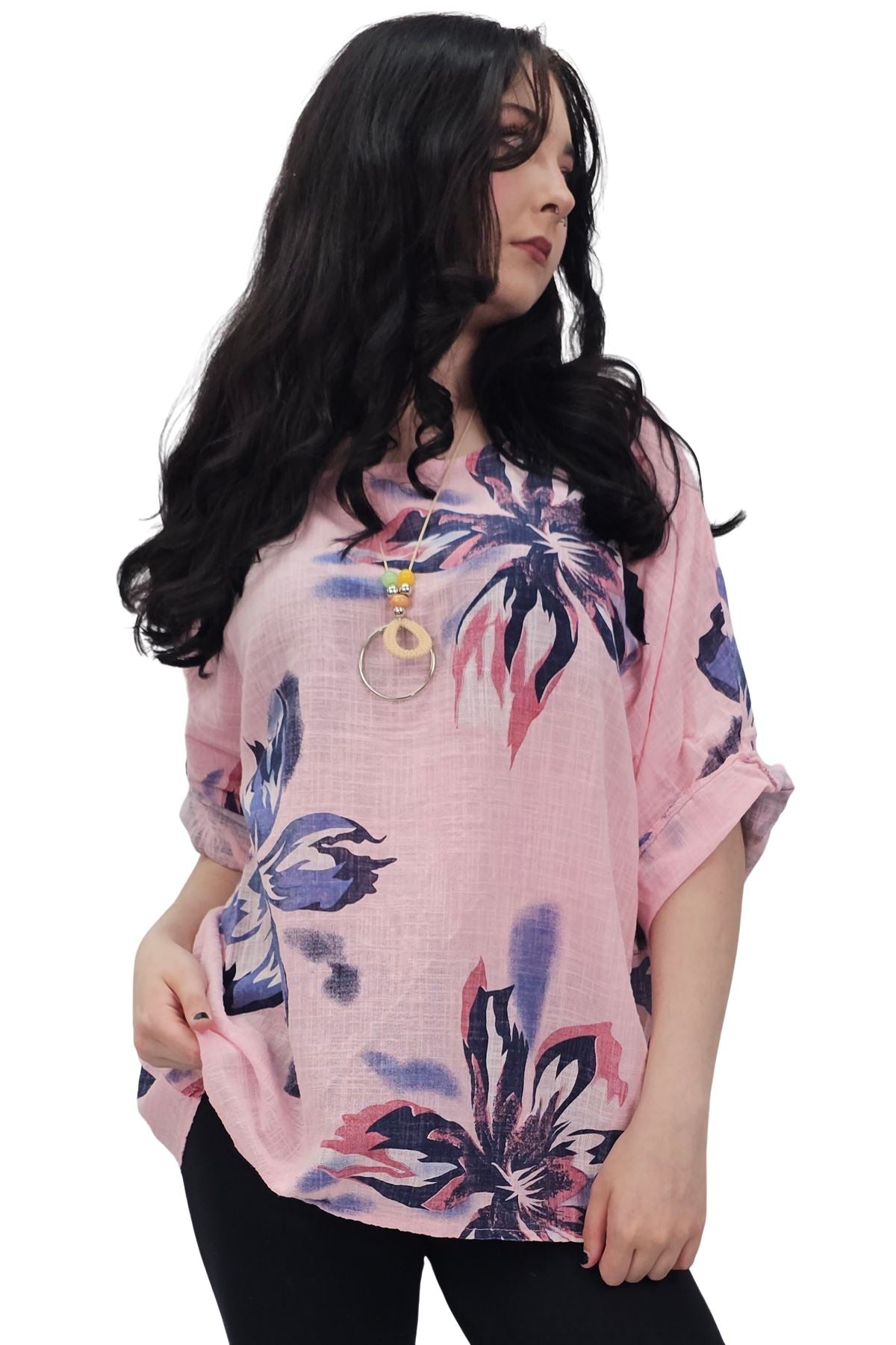 Floral Print Tunic Necklace Cotton Top